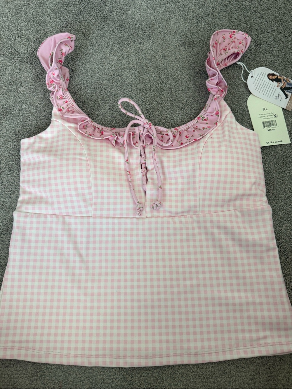 Blogilates Ruffle Lace Up Tank with Pink Gingham/floral trim